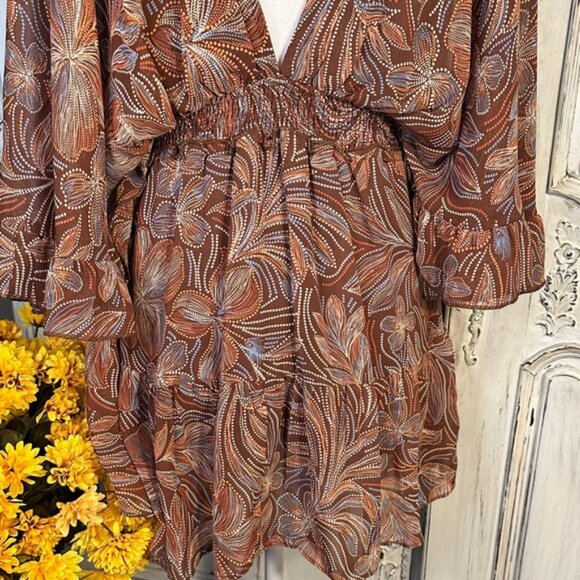 Olivaceous Bohemian Brown Floral Patterned Women's Babydoll Mini Dress/Romper - Picture 9 of 13